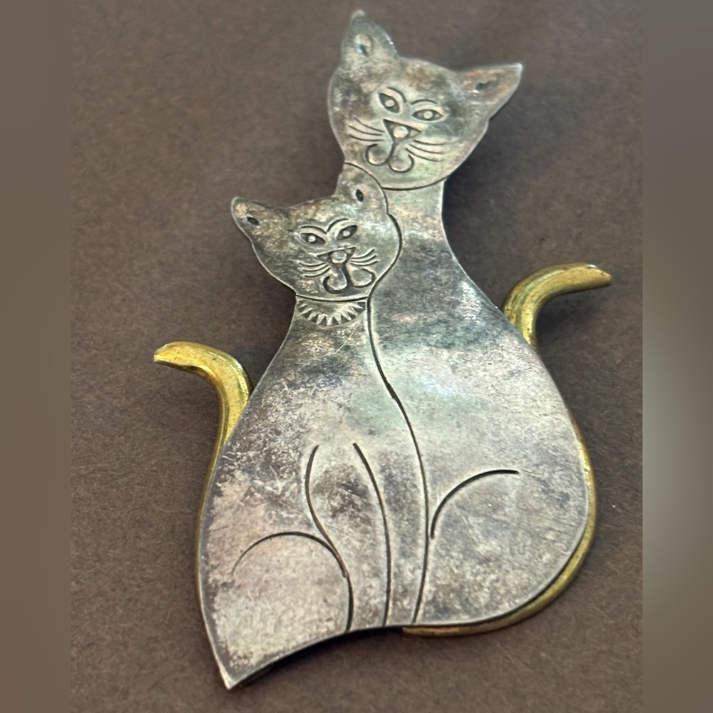 Vintage Mexican Sterling Silver Double Cat Brooch – Mixed Metal – TS-7? - Picture 4 of 4